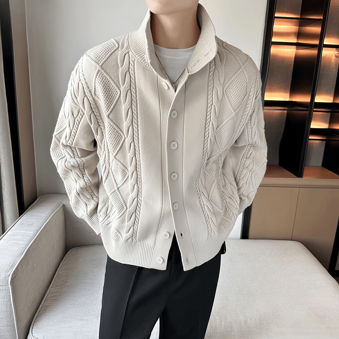 高級編みケーブルボタンニットトラックジャケット